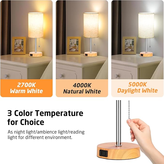 Set of 2 Table Lamps for Bedroom, 2700K/4000K/5000K Bedside Lamp Nightstand Lamp with Pull Chain and AC Outlet, Table Lamp for Living Room Reading Kids Room Wood Grain (8W LED Bulbs Included). - LeafyLoom