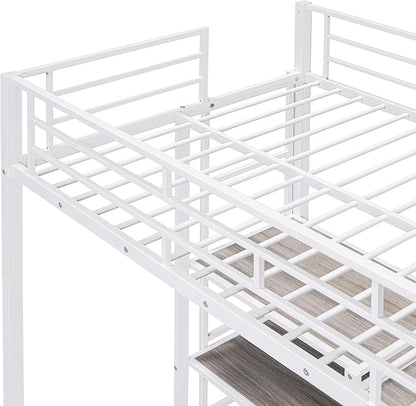 RITSU Twin Size Loft Bed, Heavy Duty Metal Bedframe with Desk and Whiteboard, 3 Big Shelves The Storage Space, Sturdy Construction, for Children's Room, Teens, White - LeafyLoom