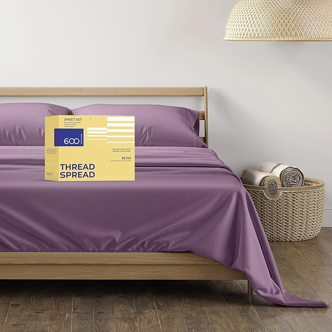 THREAD SPREAD Luxury Egyptian Cotton Sheets Twin XL Size - 600 Thread Count 3 PC Twin XL Sheets Deep Pockets, Extra Soft, Cooling Extra Long Staple Sateen Weave College Dorm Bedding Twin XL - Plum - LeafyLoom