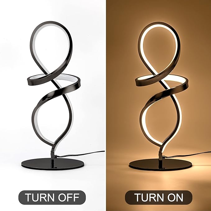 Modern Table Lamp, LED Spiral Lamp, Black Bedside Lamp with Stepless Dimming Switch, Contemporary Nightstand Lamp, LED Lamp for Bedroom Living Room Home Office, 12W, 3200K Warm White - LeafyLoom