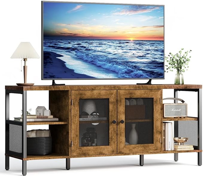 TV Stands for Living Room, Industrial TV Stand for Bedroom Furniture, Farmhouse TV Stand 65 Inch Television Stand with Back Panel, Modern Horizontal Wood and Metal Open Bookshelf, Rustic Brown - LeafyLoom