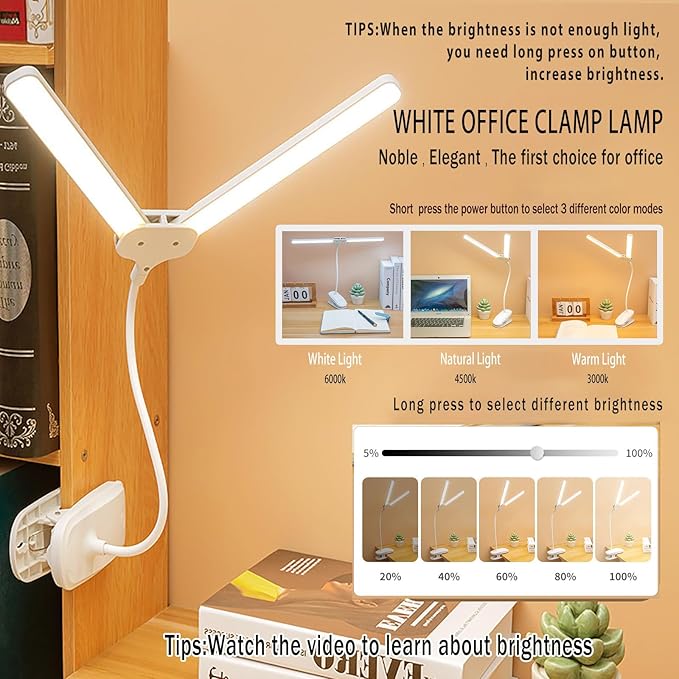 Dual Head LED Desk Lamp with Clamp, Eye-Caring Clip on Lights for Home Office, 4000mAh Rechargeable Battery Operated Table Lamps,3 Lighting Modes & Brightness Dimmer Light for Kids Students - LeafyLoom