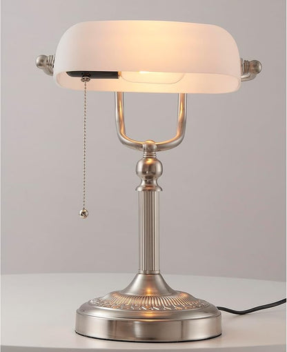 Newrays White Matted Glass Bankers Desk Lamp with Pull Chain Switch Plug in Fixture,Sand Nickel Base - LeafyLoom