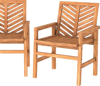 Walker Edison 2 Piece Outdoor Patio Chevron Wood Chair Set All Weather Backyard Conversation Garden Poolside Balcony, Set of 2, Brown - LeafyLoom