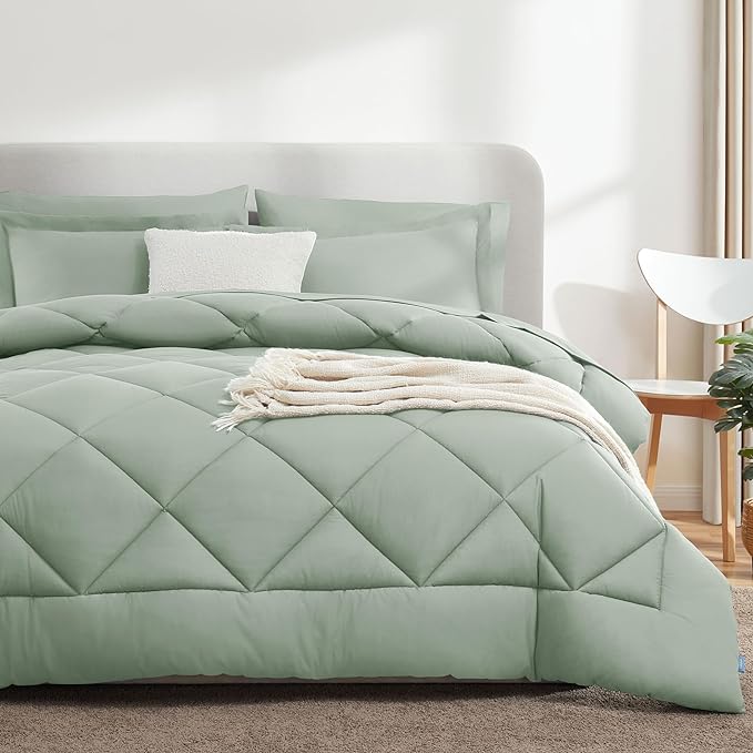 CozyLux Queen Comforter Set with Sheets 7 Pieces Bed in a Bag Sage Green All Season Bedding Sets with Comforter, Pillow Shams, Flat Sheet, Fitted Sheet and Pillowcases - LeafyLoom