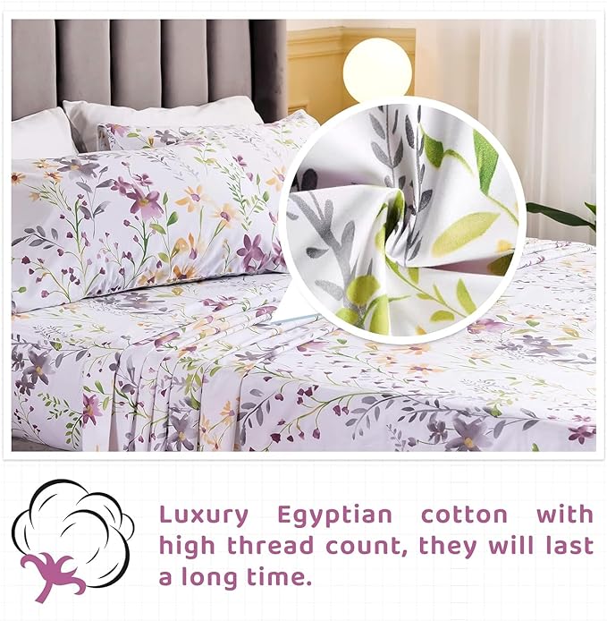 QSH Wild Floral Printed Bed Sheets Egyptian Cotton Yellow Flower Botanical Pattern King Size Sheets Extra Deep Pocket 17.5" - LeafyLoom