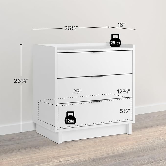 Prepac Three Nightstand, 3-Drawer, Simple White - LeafyLoom