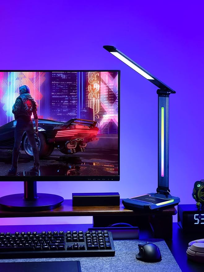 WILIT LED RGB Gaming Desk Lamp, Voice Activated Changing Colors Rhythm Light with Wireless Charger and USB Charging Port, Colorful Ambient Light Touch Table Lamp for Gaming, PC, Room Decoration - LeafyLoom