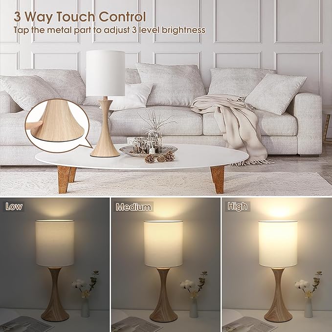 Bedside Touch Lamp, 3 Way Dimmable Touch Control Table Lamp, Wood Grain Farmhouse Table Lamp, Modern Nightstand Lamp with White Shade for Bedroom, Dorm, Office, 3000K LED Bulb Included - LeafyLoom