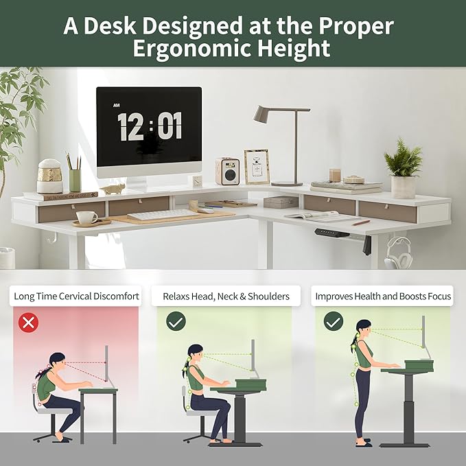 FEZIBO 63" L Shaped Standing Desk with 4 Drawers, Electric Standing Gaming Desk Adjustable Height, Corner Stand up Desk with Splice Board, White Frame/White Top - LeafyLoom