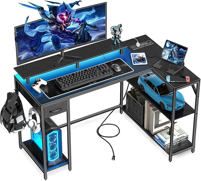 L Shaped Gaming Desk with Power Outlet & LED Light, 47 inch Reversible L Shaped Desk, Gaming Desk with Hook & Monitor Stand, Computer Desk with Drawer and Shelves for Home Office Bedroom - LeafyLoom