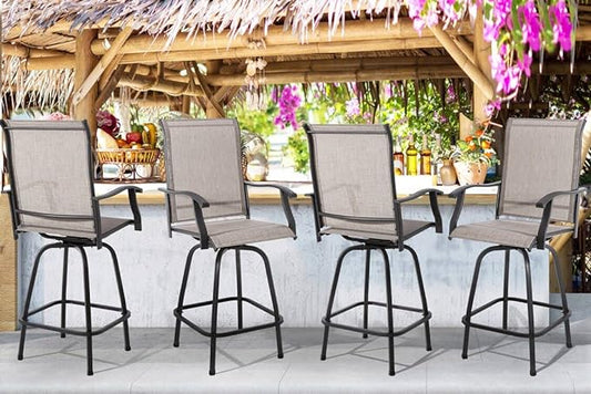 Shintenchi 4 Piece Outdoor Swivel Bar Stools, Patio Height Top Bar Stools Chairs Set of 4, All-Weather Textile Patio Bistro Bar high Chairs Set with High Back, Armrest for Lawn, Garden, Deck - LeafyLoom