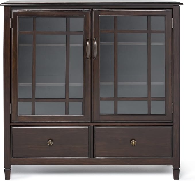 SIMPLIHOME Connaught SOLID WOOD 46 Inch Wide Traditional Tall Storage Cabinet in Dark Chestnut Brown, For the Living Room, Entryway and Family Room - LeafyLoom