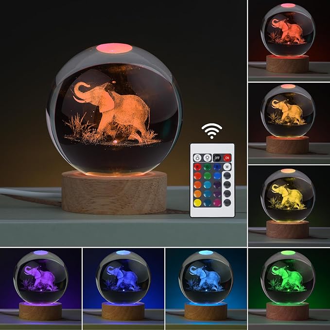 Large 3D Elephant Lamp Crystal Ball Night Light, Light up Elephant 16 Color Changing with Remote Control for Bedroom Decor, Cool Desk Decor Gift for Teens Boys and Girls, Elephant - LeafyLoom