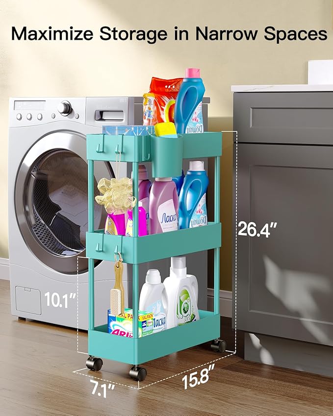 Pipishell Slim Storage Cart with Wheels, Bathroom Cart Organizer Bathroom Storage Small, Rolling Cart for Bathroom, Laundry Room, Kitchen, Narrow Space, Turquoise PIUC04TB - LeafyLoom