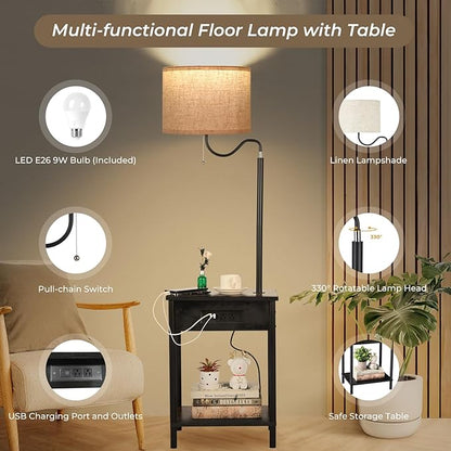 FIMEI Floor Lamp with Table, End Table with Charging Station USB Ports & Outlets, Bedside Table 3 Color Temperature Reading Light, Nightstand with Shelves for Living Room Bedroom Apartment, Black - LeafyLoom