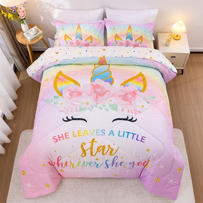 NTBED Unicorn Twin Comforter Set with Sheets,5 Pieces Kids Bedding Sets for Girls, Lightweight Microfiber Star Floral Bed in a Bag, Rainbow - LeafyLoom