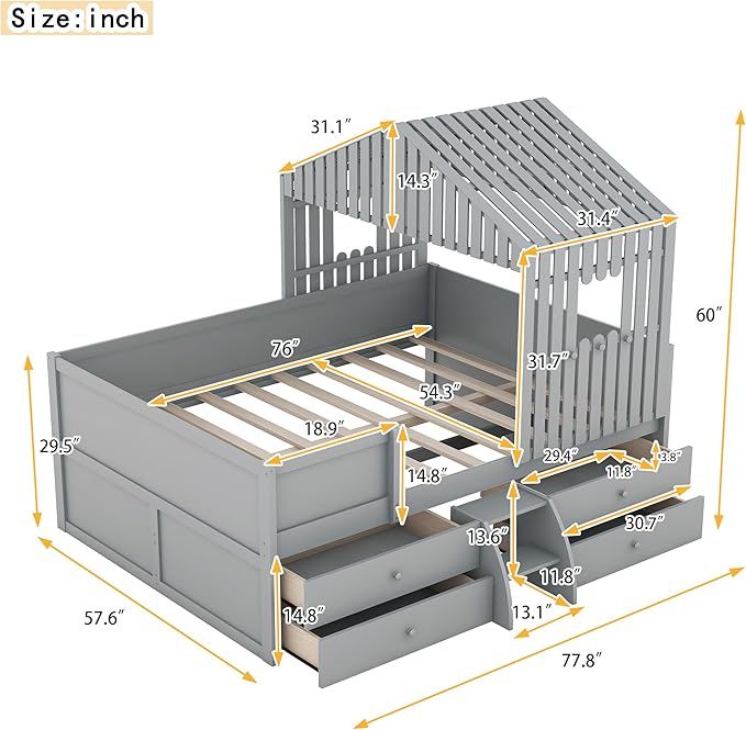 Full Size Low Loft Bed, Wooden House Shaped Loft Bed Frame with 4 Storage Drawers for Kids Teens Boys Girls, Easy Assembly, No Box Spring Needed, Gray - LeafyLoom