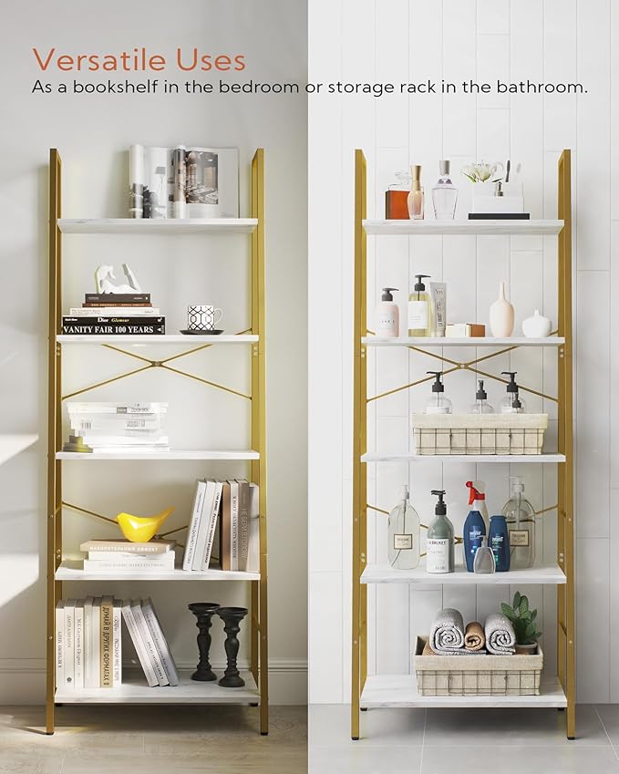 Yusong Ladder Shelf, 5-Tier Bookshelf Wood Bookcase for Living Room, Industrial Book Shelves, Tall Storage Display Rack Plant Stand for Bedoom, Home Office, Gold Metal Frame and White Marble Plank - LeafyLoom