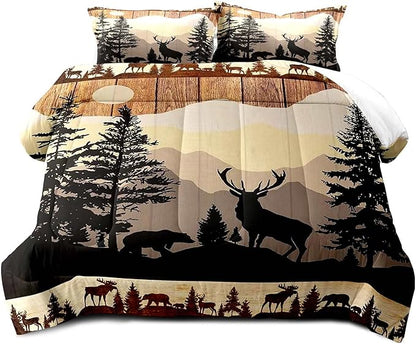 LUVIVIHOME 3PCS Black Bear Deer Comforter Set, Brown Comforter Set Queen, Pine Tree Woodland Forest Animal Elk Moose Wildlife Hunting Cabin Lodge Country Rustic Farmhouse Bedding Quilt, 2 Pillow Shams - LeafyLoom