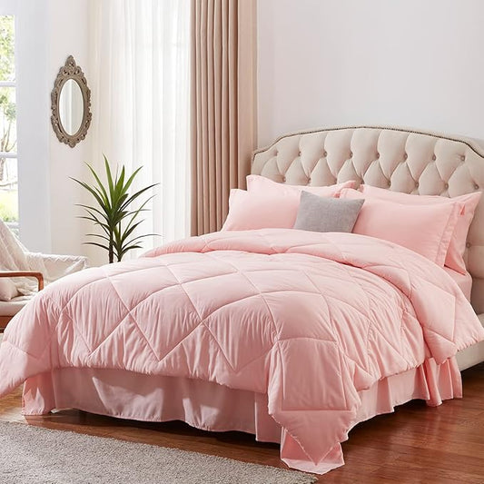 NexHome Pink King Bed in a Bag 7-Pieces Comforter Sets with Comforter and Sheets Soft All Season Bedding Sets with Comforter, Pillow Shams, Flat Sheet, Fitted Sheet and Pillowcases - LeafyLoom