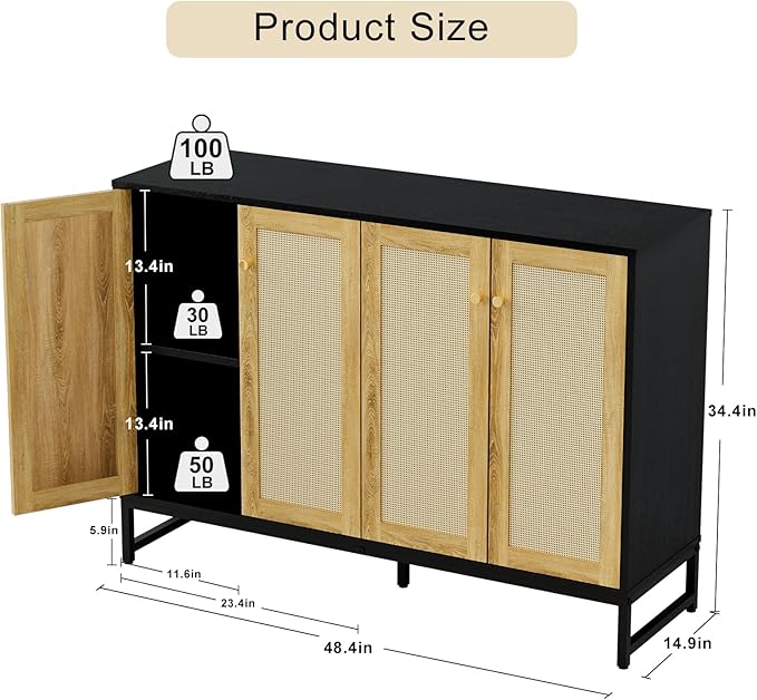 Storage Cabinet, Large Capacity Four-Door Rattan Sideboard with Adjustable Partitions, Metal Cabinet Legs, Modern Elegant Design Accent Cabinet Suitable for Home Office Bar Cafe (Black) - LeafyLoom