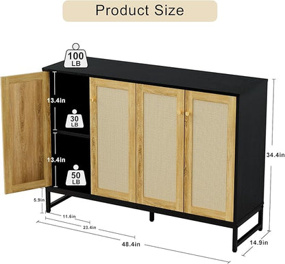 Storage Cabinet, Large Capacity Four-Door Rattan Sideboard with Adjustable Partitions, Metal Cabinet Legs, Modern Elegant Design Accent Cabinet Suitable for Home Office Bar Cafe (Black) - LeafyLoom