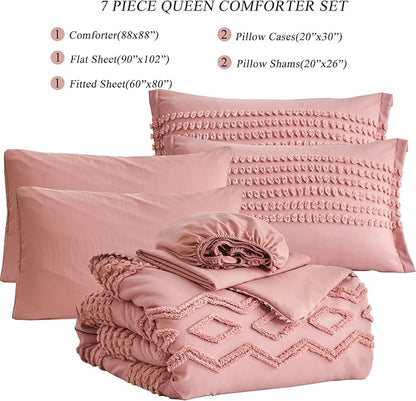 Blush Pink Tufted Comforter Set Queen Size 7 Piece Bed in a Bag, Shabby Chic Boho Comforter and Sheet Set, Pom Pom Textured Bed Set, All Season Soft Microfiber Complete Bedding Set(Pink,Queen) - LeafyLoom