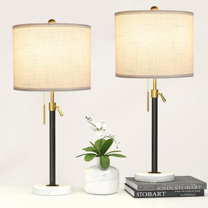 Black and Gold Table Lamps Set of 2: 22" to 30" Height Adjustable Nightstand Lamps with White Linen Shade | Pull Chain Switch | Marble Base - 3 Way Dimmable Beside Lamp for Bedrooms Living Room - LeafyLoom