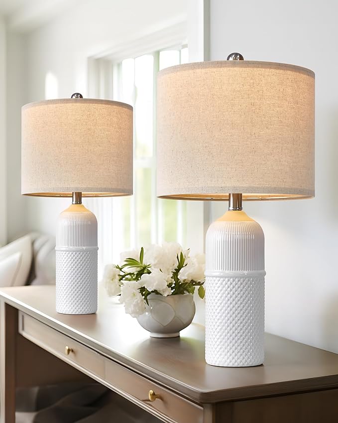 Table Lamps - Set of 2 (22.5") Modern White Ceramic Table Lamps for Living Room Table Lamps for Bedroom Study Room Office Dorm Farmhouse Nightstand End Table Lamps（White） - LeafyLoom