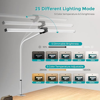 Led Desk Lamp for Office Home, Eye Caring Architect Desk Light with Clamp, Double Head 24W Ultra Bright Table Lamp with Remote Control, 5 Color Modes Flexible Gooseneck Lamp for Reading Study White - LeafyLoom