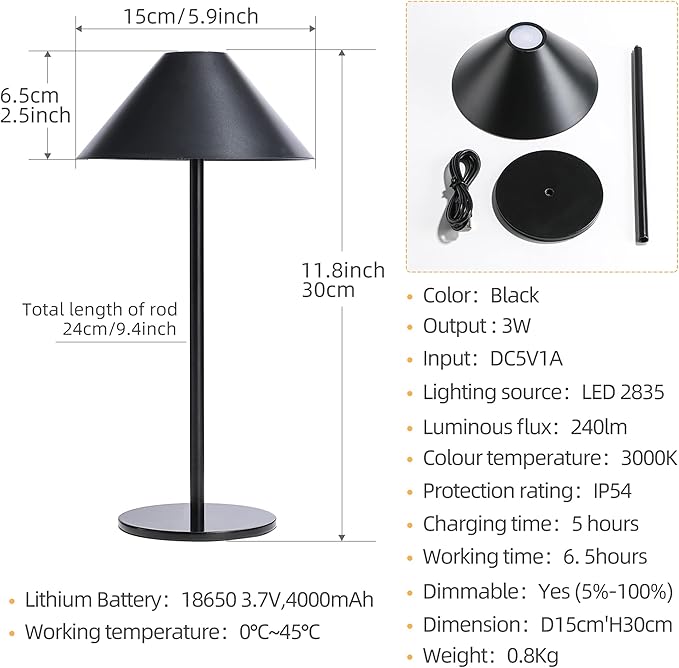 oneleaf Cordless Table Lamp, Modern LED Rechargeable Battery Touch Desk lamp,Night Light, Metal Shell,Minimalist Design, for Couple Dinner/Coffee Table/Restaurant/Bedroom/Camp-Black - LeafyLoom