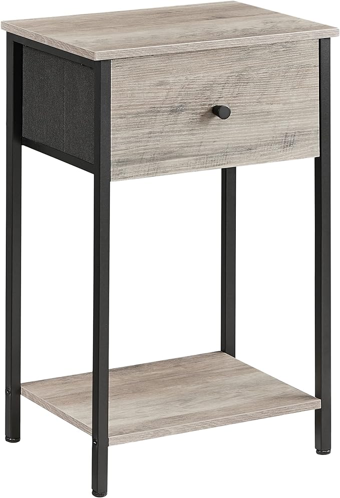 VASAGLE Nightstand, Side Table with Fabric Drawer, 24-Inch Tall End Table with Storage Shelf, Bedroom, Greige and Black ULGS021B02 - LeafyLoom