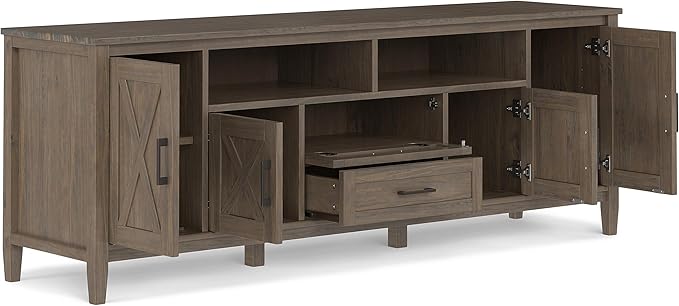 SIMPLIHOME Ela SOLID WOOD Wide Transitional Media Stand for TVs up to 80 inches for The Living Room and Entertainment Center, 72 inch, Smoky Brown - LeafyLoom