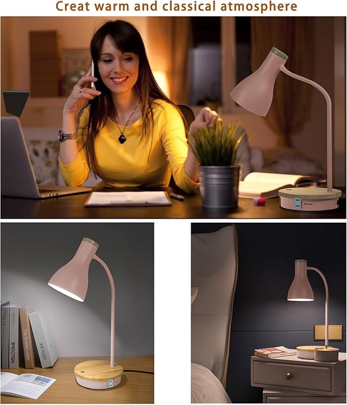 Metal Desk Lamp Touch Reading Lights Table Lamp Arc Desk Lamps for Bedroom, 3 Way Dimmable Bedside Lamp with USB Charging Ports, Reading Lamp for Study Room and Office (Pink-02) - LeafyLoom