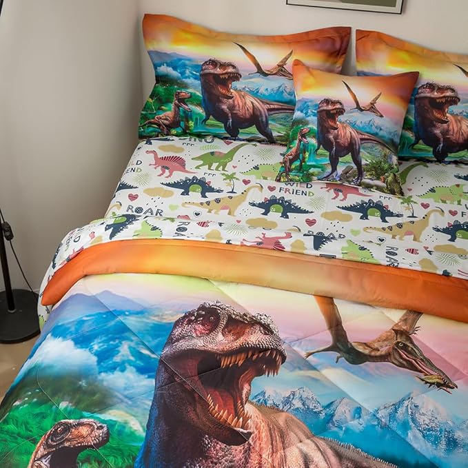 ADASMILE A & S Dinosaur Comforter Full Size for Boys Dinosaur Bedding Set for Kids 6 Pieces Dinosaur Comforter Set with Sheets Bed in A Bag T-Rex Dinosaur Comforter and Sheets Set for Home Decor - LeafyLoom