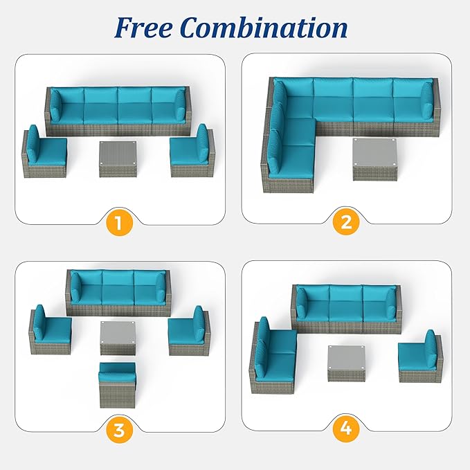 SUNVIVI OUTDOOR 7 Piece Patio Furniture Sets All Weather Grey PE Wicker Couch Sofa with Glass Table, Removable Blue Cushions - LeafyLoom