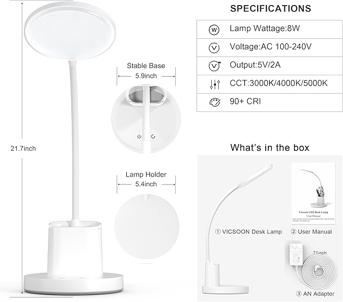 Desk Lamp, LED Desk Lamp for Home Office, Touch Table Lamp with 3 Color Modes 360° Adjustable Arm, Dimmable Desk Light with Pen Phone Holder, White - LeafyLoom