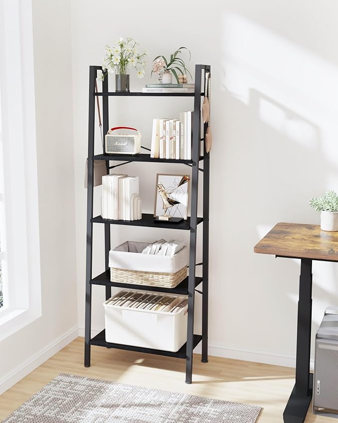 Ladder Shelf, Bookshelf Bookcase, Freestanding Corner Storage Shelve with 2 Hooks for Home Office, Living Room, Kitchen, Bedroom, Industrial, 5-Tier Black BC19304B - LeafyLoom