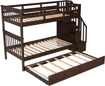 Bunk Bed with Stairs Storage, Twin Over Twin Size, Wooden Stairway Bunkbeds w/Trundle, for Kids Teens Bedroom, Detachable into Two Bedframe, Espresso - LeafyLoom