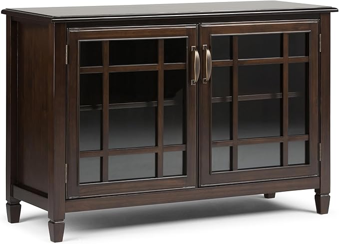 SIMPLIHOME Connaught SOLID WOOD 46 Inch Wide Traditional Low Storage Cabinet in Dark Chestnut Brown, For the Living Room, Entryway and Family Room - LeafyLoom