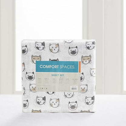 Comfort Spaces Cotton Flannel Breathable Warm, Deep Pocket Sheets with Pillow Case Bedding, Full, Grey/Pink Cats 4 Piece - LeafyLoom