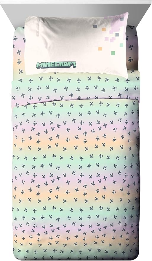 Minecraft Creeper Twin Comforter Set - 5 Piece Bedding includes Sheet Set & Pillow Covers - Super Soft Pink & Green Kids Bedding - LeafyLoom