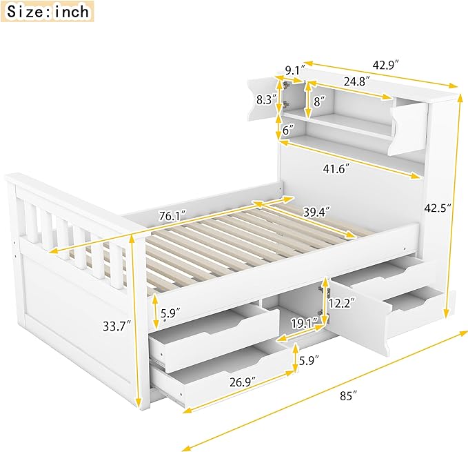 Merax Twin Size Bed Frames with Bookcase Headboard,Kids Wooden Platform Bed with 4 Drawers,White Captain Platform Bed with Storage Underneath - LeafyLoom