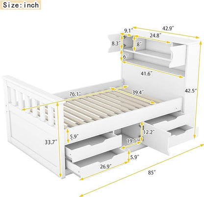 Merax Twin Size Bed Frames with Bookcase Headboard,Kids Wooden Platform Bed with 4 Drawers,White Captain Platform Bed with Storage Underneath - LeafyLoom