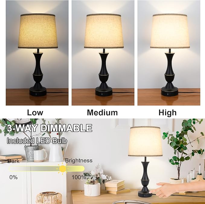 Touch Lamps for Bedrooms Set of 2, Farmhouse Table Lamp with USB C Charging Port, 3 Way Dimmable Nightstand Lamps with Linen Fabric Lampshade for Bedroom, Living Room (Pack2-Black) - LeafyLoom