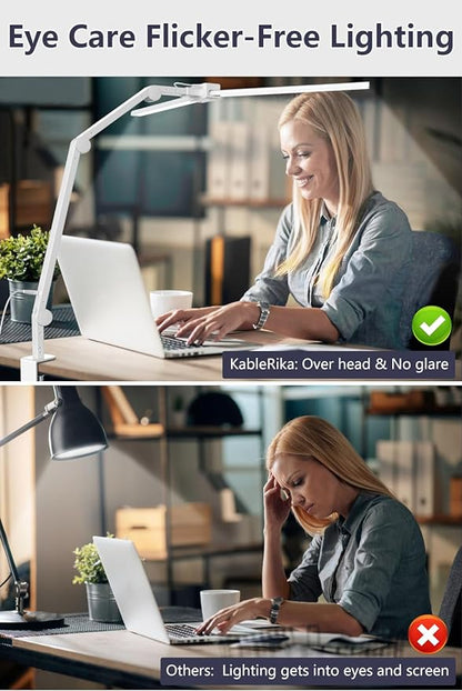 KableRika Desk Lamp,Double Head Desk Lamp with Clamp,24W Led Desk Lights for Home Office Ultra Bright Architect Table Lamp 4 Brightness 4 Color,Auto Dimming Task Lamp for Monitor Work Study White - LeafyLoom