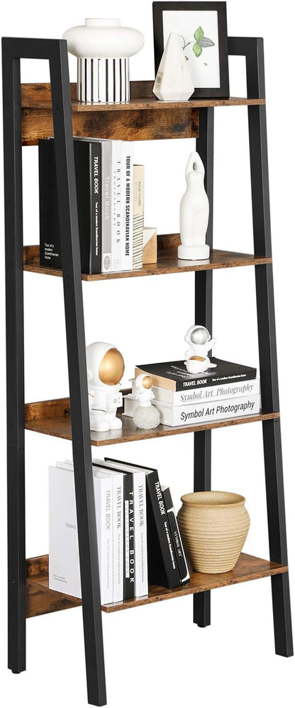 VASAGLE Bookshelf, 4-Tier Bookcase, Ladder Shelf for Home Office, Living Room, Bedroom, Kitchen, Rustic Brown and Ink Black ULLS054X01 - LeafyLoom