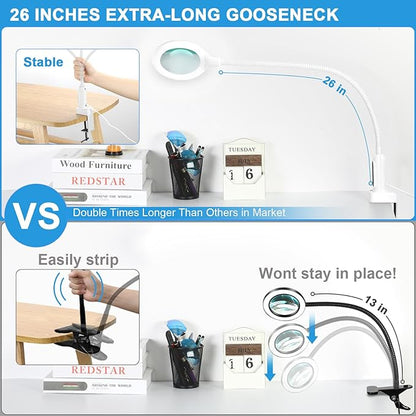 26" Gooseneck Magnifying Lamp with Clamp, 5 Color Modes Stepless Dimmable LED Desk Light with Magnifying Glass, 10X Real Glass Lighted Magnifier Hands Free for Painting Close Work Craft Hobby - LeafyLoom