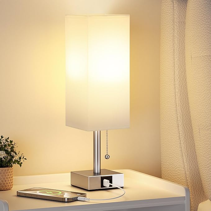 White Small Lamp for Bedroom - 3 Color Temperature 3000K 5000K 4000K Bedside Lamp, Pull Chain Control, USB A and C Charging Ports, Silver Base, for Kids Office Dorm nightstand, Bulb Included - LeafyLoom